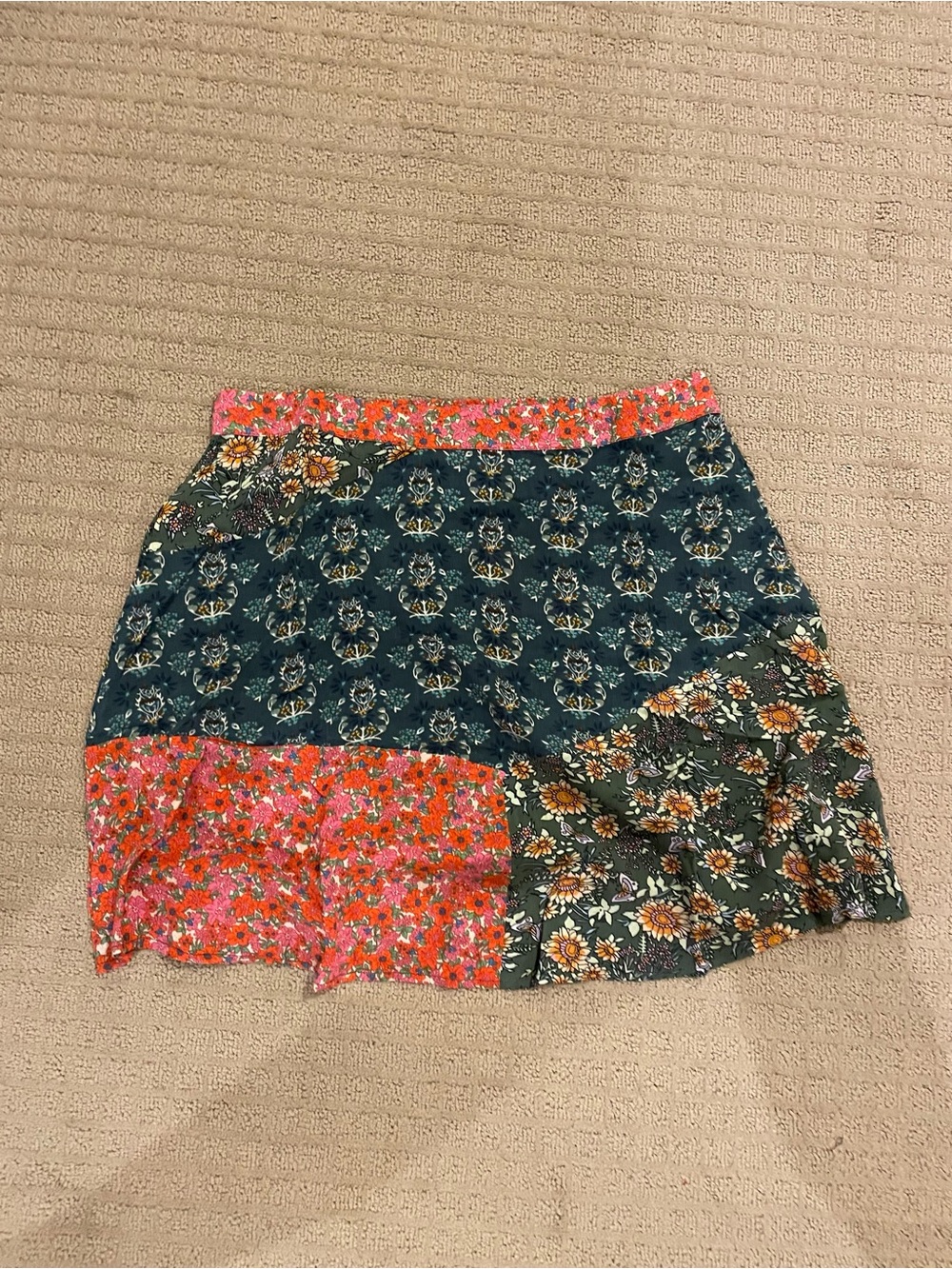 Natural Life Patchwork Floral Mini Skirt in Teal and Coral